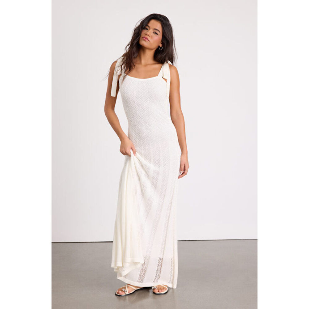 Lulus Fawn White Crochet Tie-strap Maxi Dress - Size M